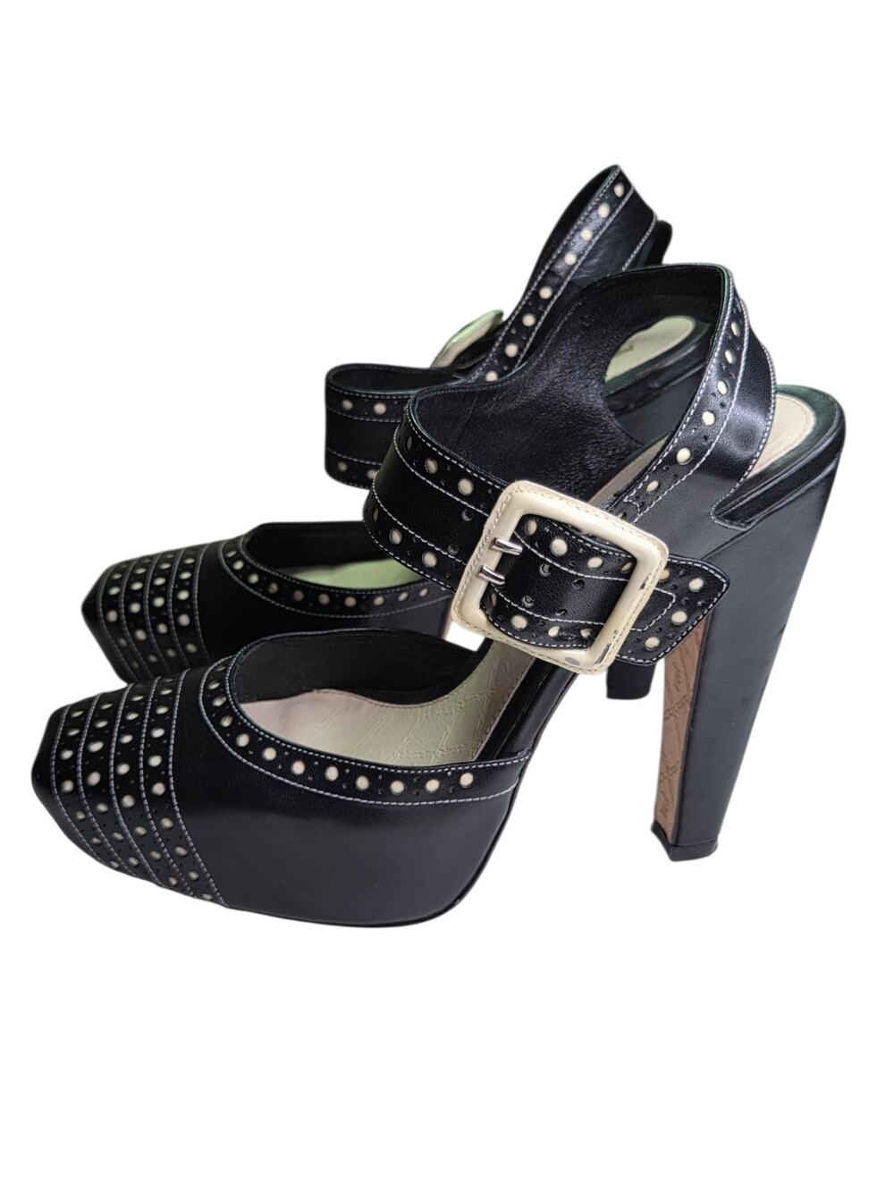 L.A.M.B. Gwen Stefani Black Leather Retro Polka Dot Platform Chunky Buckle Heels